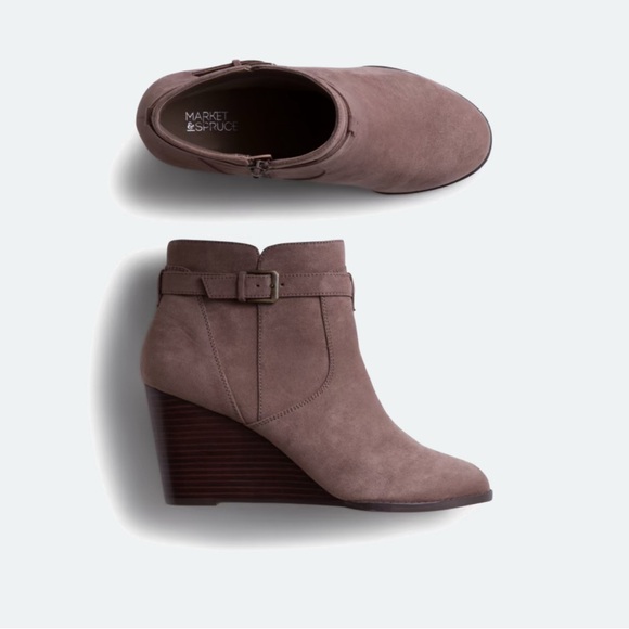 Market & Spruce Shoes - Market & Spruce Brown Suede Ankle Booties with Wedge Heel